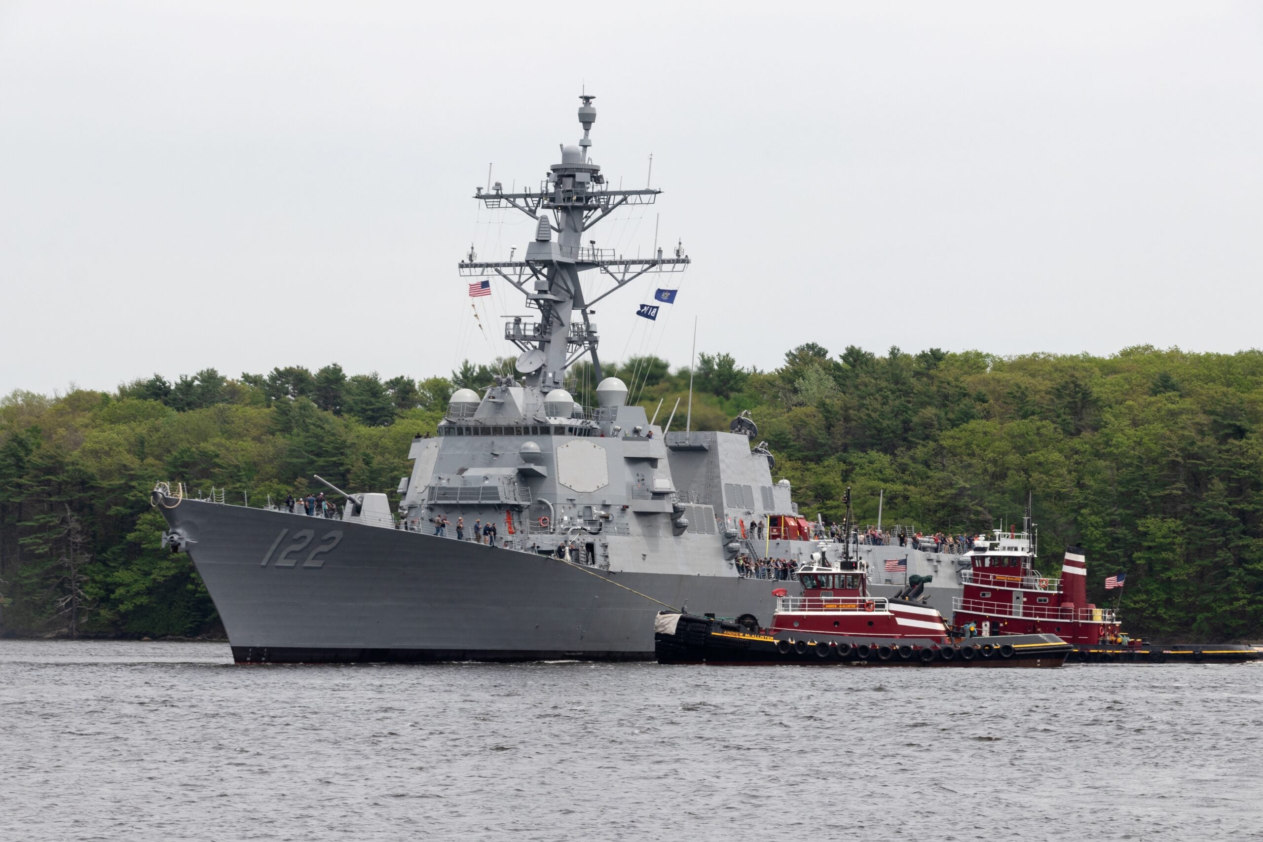 The future USS John Basilone (DDG-122) returns from acceptance trials conducted by General Dynamics Bath Iron Works personnel in the Gulf of Maine in May 2024 for the Navy’s Board of Inspection and Survey. (Photo: General Dynamics)