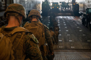 Marines with the 24th Marine Expeditionary Unit (MEU) Special Operations Capable (SOC), board a landing craft, air cushion attached to Beach assault Unit 21 in the well deck aboard the San Antonio-class amphibious transport dock ship USS New York (LPD 21), June 16, 2024 while the ship is supporting the Baltic Operations (BALTOPS) 2024 exercise. (Photo: U.S. Navy photo by Mass Communication Specialist 2nd Class Jesse Turner)