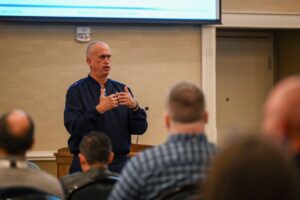 U.S. Air Force Brig. Gen. Colin Connor, Air Force Global Strike Command's director of Intercontinental Ballistic Missile Modernization, speaks at the annual Joint Engineers Conference in Helena, Mont. on Nov. 3, 2023 (U.S. Air Force Photo)