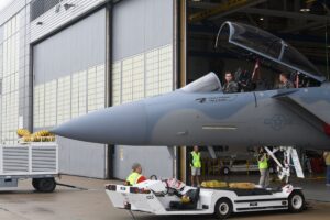 Oregon Air National Guard Majors, Calvin “Knife” Conner and Brandon “Wiggles” Wigton, of the 142nd Wing, 123rd Fighter Squadron, in Portland, Oregon, prepare for takeoff in a new F-15EX from Berkley, Mo. on June 5 (Oregon National Guard Photo)