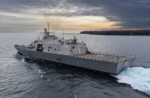 The future USS Nantucket transits the Menominee River in northern Wisconsin, departing for at-sea demonstrations during Acceptance Trials in December 6, 2023. (Photo: Lockheed Martin via U.S. Navy)