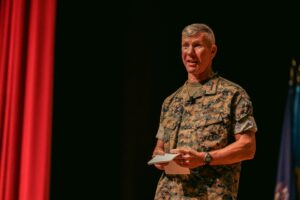 Commandant of the Marine Corps Gen. Eric Smith, addresses attendees during a change of command ceremony for Training and Education Command at Marine Corps Base Quantico, Va. on August 9, 2024. (Photo: Lance Cpl. Ethan Miller, U.S Marine Corps)