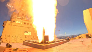 The Royal Australian Navy Hobart-class destroyer HMAS Sydney fires the country’s first Standard Missile 6 (SM-6) during Exercise Pacific Dragon 2024 in July 2024. (Photo: LSIS Daniel Goodman, Royal Australian Navy)