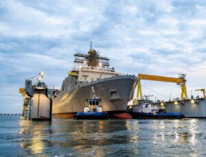 HII’s Ingalls Shipbuilding division launched the first San Antonio-class LPD Flight II amphibious transport dock ship, the future USS Harrisburg (LPD-30), on Oct. 5, 2025. (Photo: HII)