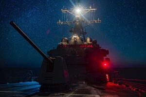 Arleigh Burke-class guided-missile destroyer USS Spruance (DDG 111) sails in the Red Sea on Oct. 2nd last year. The ship returned to home port in San Diego on Dec. 19. 2024 (U.S. Central Command Photo)