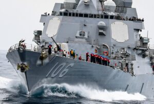 An AN/SEQ-4 Optical Dazzler Interdictor, Navy (ODIN) laser dazzler weapon in the open/on position aboard the USS Stockdale (DDG-106) in July 2021. (Photo: U.S. Navy by Mass Communication Specialist Seaman Elisha Smith)