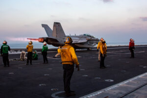 An EA-18G Growler, attached to Electronic Attack Squadron (VAQ) 133, launches from the flight deck of the Nimitz-class aircraft carrier USS Abraham Lincoln (CVN-72) on Nov. 14, 2024 in the Central Command Area of Responsibility. (Photo: U.S. Navy).