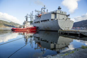 The aviation logistic ship S.S. Wright (T-AVB-3) ports during Exercise Trident Juncture 18 at Orkanger Port, Norway, Oct. 27, 2018. (Photo: U.S. Marine Corps by Gunnery Sgt. Christopher Giannetti)