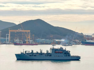 Military Sealift Command’s (MSC) Lewis and Clark-class dry cargo ship USNS Wally Schirra (T-AKE 8) departs Hanwha Ocean shipyard after a seven-month overhaul at Gyeongsangnam-do, Republic of Korea, March 12, 2025. (Photo: U.S. Navy)