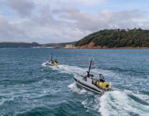 A photo of Thales’s first autonomous UK mine hunting vessel, the Ariadne, sailing at sea. It was delivered to the UK Royal navy in March 2025.