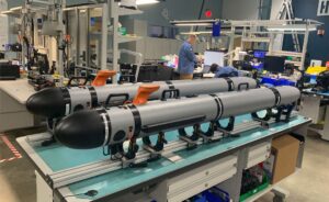 Two HII REMUS 300 small uncrewed undersea vehicles the basis for the Navy's Lionfish SUUV.