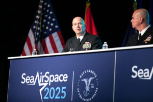Acting Chief of Naval Operations Adm. James Kilby moderating a panel at the Sea-Air-Space 2025 maritime exposition in National Harbor, Md. on April 7, 2025.