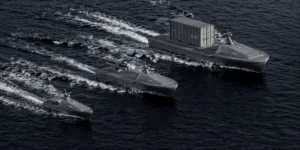 Graphic representation of Saronic’s Corsair (24-foot) and new Mirage (40-foot) and Cipher (60-foot) Autonomous Surface Vessels. (Image: Saronic)