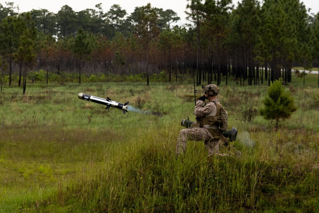 U.S. Marines with 2nd Battalion, 6th Marine Regiment, 2d Marine Division fire an FGM-148 Javelin during a Marine Corps Combat Readiness Evaluation (MCCRE) on Camp Lejeune, North Carolina, May 9, 2024. (Photo: U.S. Marine Corps by Lance Cpl. Eric Dmochowski)