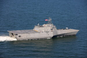 The future USS Pierre (LCS-38) conducts sea trials in Mobile, Ala. in June 2025. Pierre is the 19th and final Independence-variant littoral combat ship (LCS). (Photo: Austal USA)