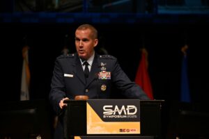 Lt. Gen. Heath Collins, director of the Missile Defense Agency, wrapped up the 2025 Space and Missile Defense Symposium with a discussion on MDA’s Focus on the Future, in Huntsville, Alabama, Aug. 7, 2025. (Photo: U.S. Army by Sgt. Zack Stine)
