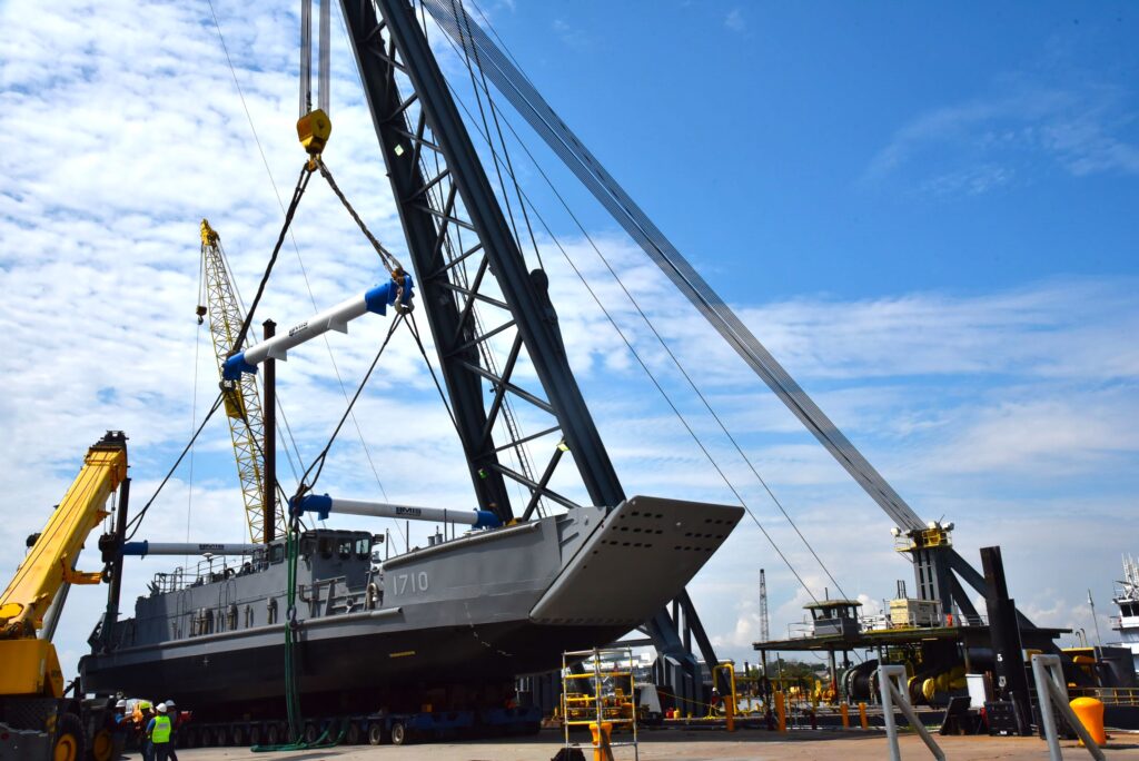 Austal USA launched its first LCU 1700-class Landing Craft utility, LCU 1710, on August 22, 2025 at its Mobile, Ala. facility. (Photo: Austal USA)