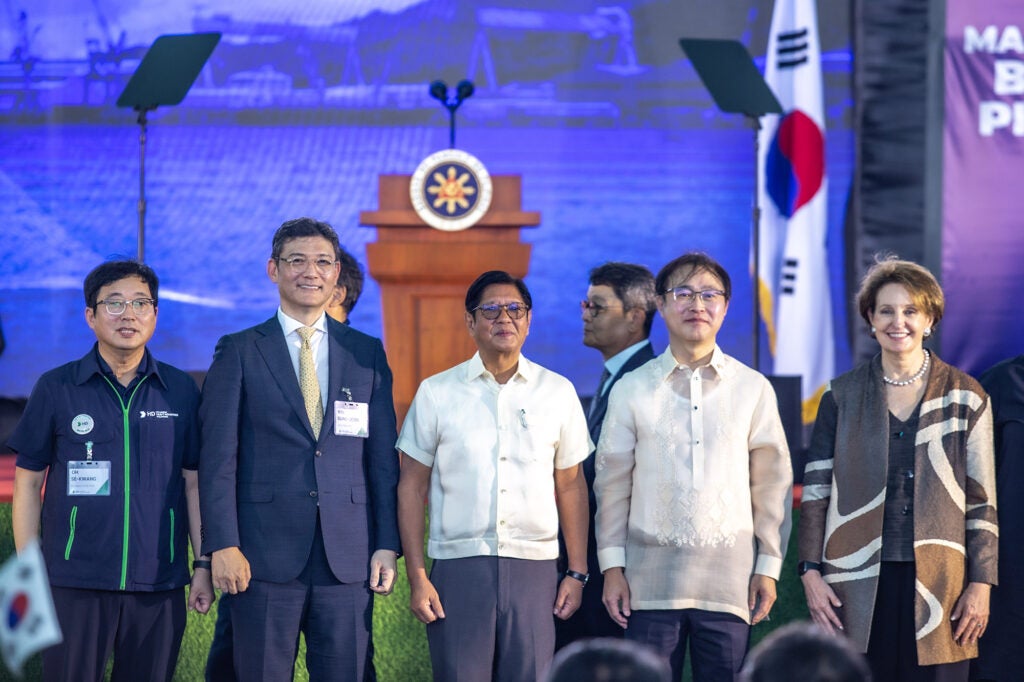 HD Korea Shipbuilding and Offshore Engineering (HD KSOE) held a steel-cutting ceremony at the new HD Hyundai Philippine Shipyard on Sept. 2, 2025. Pictured center is Philippines President Ferdinand “Bongbong” Marcos Jr, flanked by HD KSOE Offshore Engineering CEO Kim Sung-joon on the left and South Korean Ambassador to the Philippines Lee Sang-hwa on the right as well as U.S. Ambassador to the Philippines Mary Kay Carlson on the far right. (Photo: HD Hyundai)