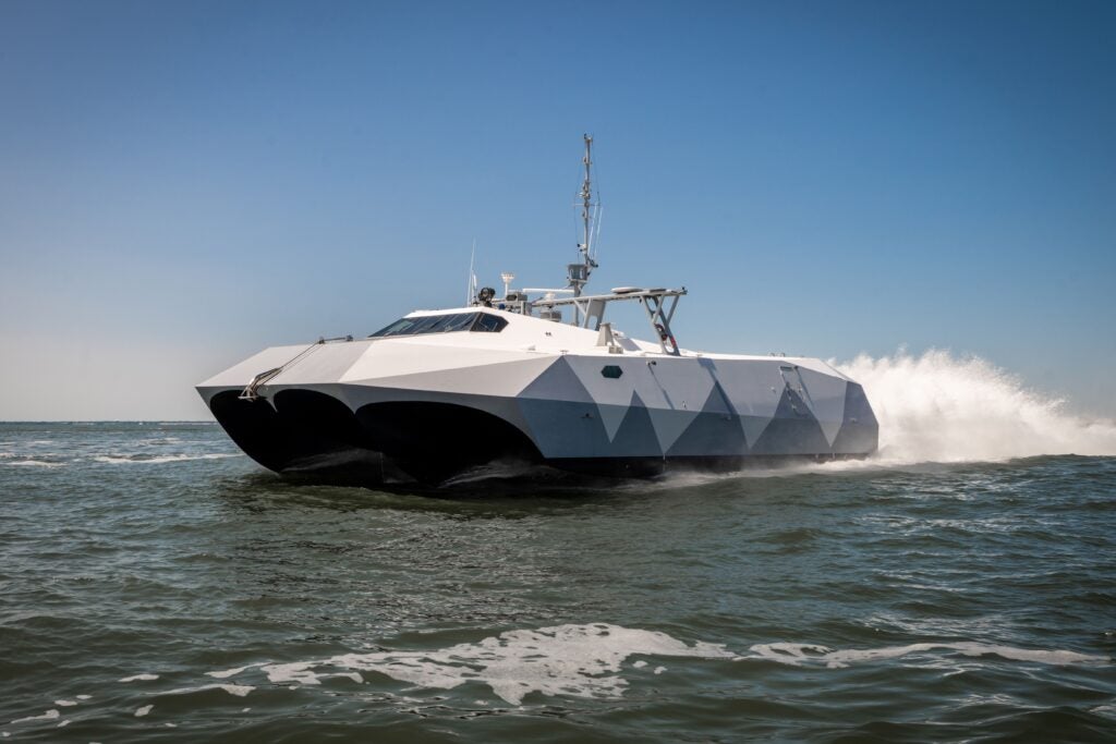 Naval Surface Warfare Center, Carderock Division’s Joint Prototyping and Experimentation Maritime (JPEM) Stiletto vessel underway for an autonomous boat launch and recovery demonstration using Sealartec technology during a June 2, 2025 test. (Photo: U.S. Navy by Travis Troller)