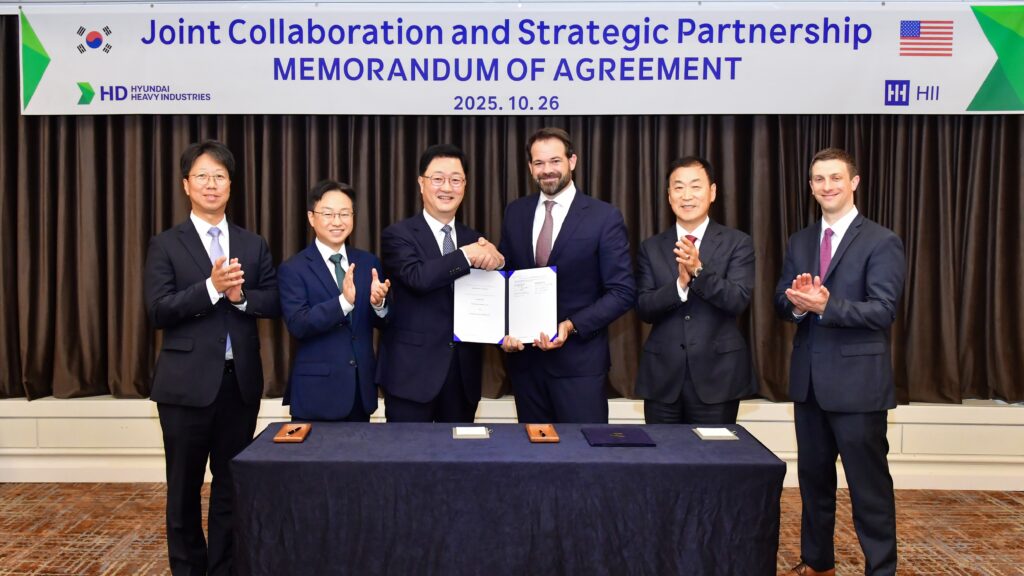 HD Hyundai and HII signed a memorandum of agreement (MOA) on cooperation for the construction of commercial and naval vessels during the APEC 2025 conference in South Korea on Oct. 26. The signing ceremony was attended by Joo Won-ho, President of HD Hyundai Heavy Industries’ Naval & Special Ship Business Unit, and Eric Chewning, Executive Vice President of Maritime Systems and Corporate Strategy at HII (third and fourth from the left in the photo). (Photo: HII)