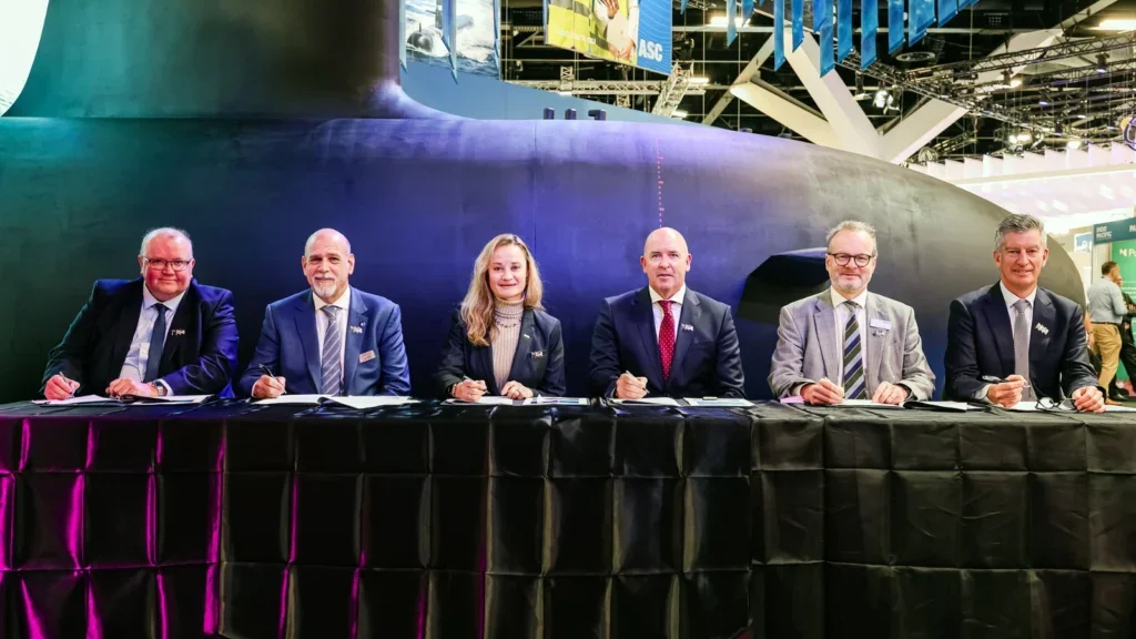 Executives from BAE Systems, RTX’s Raytheon Australia, General Dynamics Mission Systems Thales on Nov. 5 signed a Memorandum of Understanding (MoU) pitching the establishment of a unified submarine combat systems collaborative team for the future UK and Australian attack submarine, SSN-AUKUS. (Photo: BAE Systems)