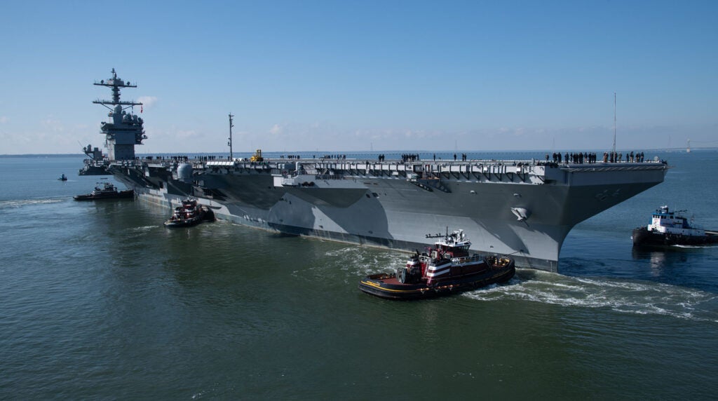 The future USS John F. Kennedy (CVN-79), sailed out from shipbuilder HII Newport News Shipbuilding division's Virginia shipyard for the first time on Jan. 28 to conduct builder's sea trials. The ship is expected to be delivered by March 2027. (Photo: HII)