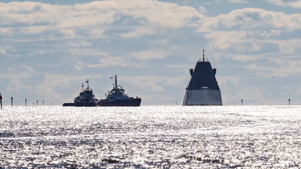 USS Zumwalt (DDG-1000) operating at sea during 2026 builder’s trials. (Photo: HII)