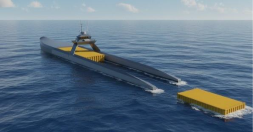 Artist concept of the BlackSea Technologies' NightTrain autonomous logistics vessel. (Image: BlackSea)