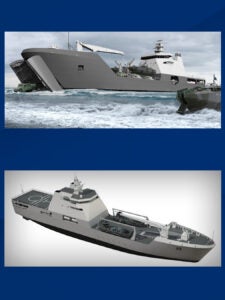 Representations of the Navy and Marine Corps' future Landing Ship Medium, derived from Damen Naval's LST-100 design landing ship transport design. (Image: U.S. Navy)