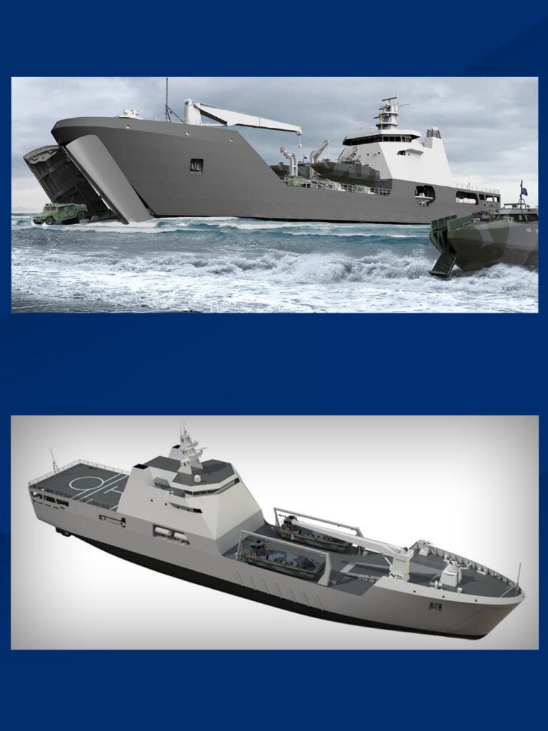 Representations of the Navy and Marine Corps' future Landing Ship Medium, derived from Damen Naval's LST-100 design landing ship transport design. (Image: U.S. Navy)