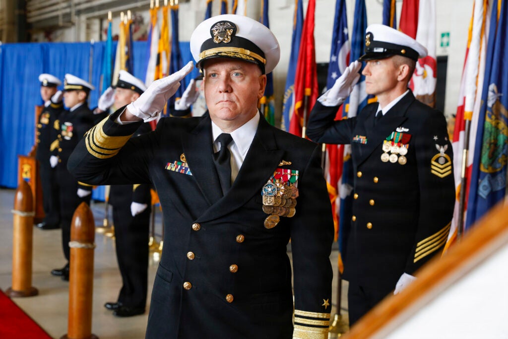 Vice Adm. Richard Seif during the Submarine Force change of command ceremony on Feb. 20, 2026 when he relieved Vice Adm. Robert Gaucher as Commander, Submarine Forces/Submarine Force Atlantic/Allied Submarine Command. Gaucher is set to next serve as the first Submarine Direct Reporting Manager (DPRM). (Photo: U.S. Navy by Mass Communication Specialist 2nd Class Mailani Jones-Thornton)