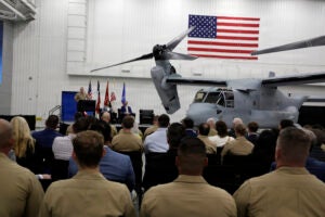 Lt. Gen. William Swan, Deputy Commandant for Aviation, delivers the keynote speech during the MV‑22B Osprey Program of Record ceremony at Bell Helicopter’s Amarillo, Texas, facility, July 28, 2026. (Photo: Neil Lobeda, V-22 Joint Program Office, PMA-275)