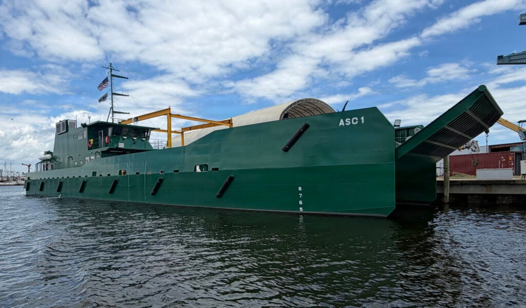An Ancillary Surface Craft (ASC) docked in Bayou La Batre, Ala. on Aug. 3, 2026. The ASC is being developed through U.S.-Australian industry collaboration to support experimentation and inform future amphibious modernization. (Photo: Marine Corps Warfighting Laboratory, Emily Carrol)