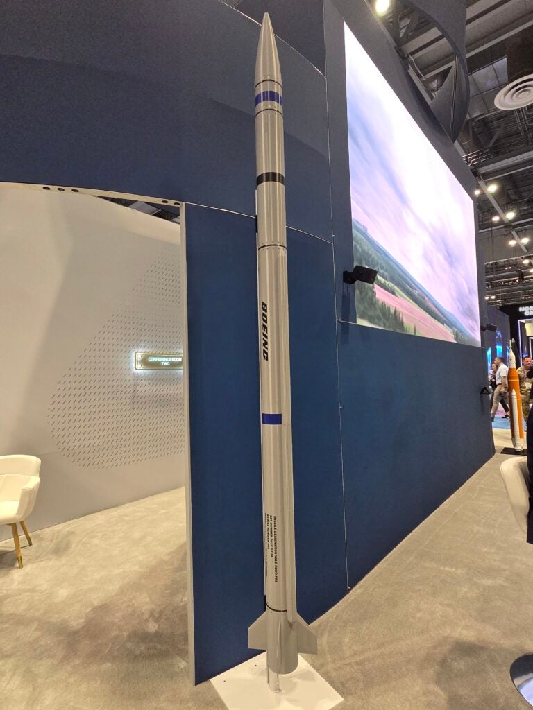 Boeing’s show floor model of its Indirect Fires Protection Capability Increment 2 interceptor design. (Photo: Richard Abott, Defense Daily)