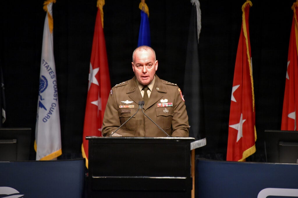 Lt. Gen. John Rafferty, commanding general of U.S. Army Space and Missile Defense Command, speaks during the opening keynote address at the 2026 Space and Missile Defense Symposium in Huntsville, Ala., Aug. 11. (Photo: U.S. Army by Allen Meeks)
