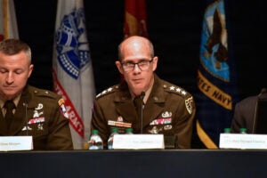 Lt. Gen. Richard Zellmann, U.S. Space Command deputy commanding general speaks during a USSPACECOM panel at the Space and Missile Defense Symposium at the Von Braun Center in Huntsville, Alabama on Aug. 11, 2026. (Photo: Allen Meeks, U.S. Army Space and Missile Defense Command)