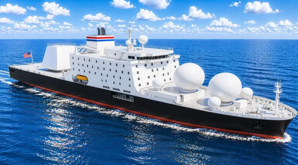 A graphic illustration of the new Missile Defense Agency’s Missile Range Instrumentation Vessel (MRIV) to be built at the Hanwha Philly Shipyard, managed by TOTE Services as Vessel Construction Manager. (Image: TOTE Services)