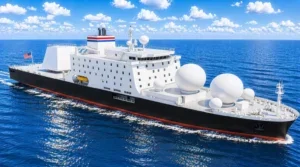 A graphic illustration of the new Missile Defense Agency’s Missile Range Instrumentation Vessel (MRIV) to be built at the Hanwha Philly Shipyard, managed by TOTE Services as Vessel Construction Manager. (Image: TOTE Services)